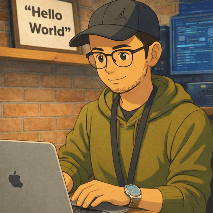 Ayush Bajpai – anime-style illustration of a developer at a laptop